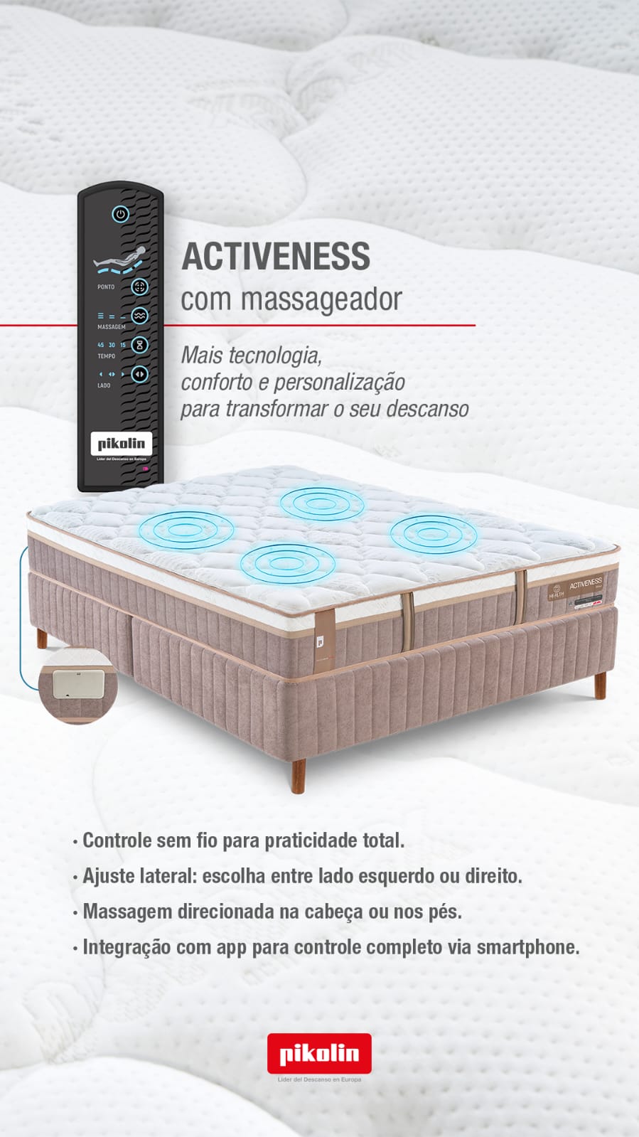 Controle sem fio do Sistema de Massagem de 4 pontos do colch&atilde;o Pikolin Activeness com massageador